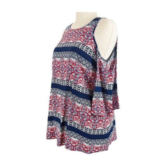 JESSICA SIMPSON COLD SHOULDER NAVY BLUE AND RED MATERNITY TOP, SIZE M - Picture 2 of 4